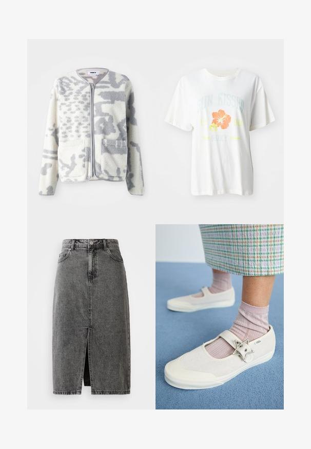 Fleecejacke in Creme und Grau mit einem Reißverschluss, zwei Vorderseiten Taschen und einer weichen, strukturierten Oberfläche mit einem dezenten abstrakten Muster.; Weißes Baumwoll-T-Shirt mit einem grafischen Druck von tropischen Blumen in Orange und Gelb, sowie dem Text "SUN KISSED 1990 Roxy."; Hochgeschnittene, ausgebleichte schwarze Denim-Midirock mit vorderem Schlitz, Gürtelschlaufen und klassischem Fünf-Taschen-Design.; Weisse Leinenschuhe mit einem Obermaterial aus Wildleder, einem Riemen über dem Rist und einem sternförmigen silbernen Akzent. Kombiniert mit hellrosa gerippten Socken.