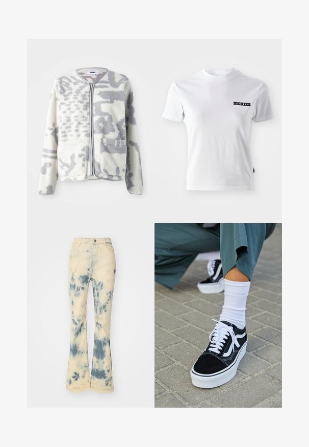 Veste en polaire crème et gris avec fermeture éclair, deux poches avant et une surface douce et texturée arborant un subtil motif abstrait.; T-shirt blanc à manches courtes en coton avec un col rond et le logo noir "DICKIES" sur la zone de la poitrine gauche. Texture lisse et design ajusté.; Jeans évasés de couleur crème clair, ornés d'un motif tie-dye bleu. Fabriqués en denim avec une surface légèrement texturée et un design standard à cinq poches.; Baskets en suède noir avec des accents et des lacets blancs, présentant une épaisse semelle blanche et des coutures contrastantes, associées à une chaussette blanche.