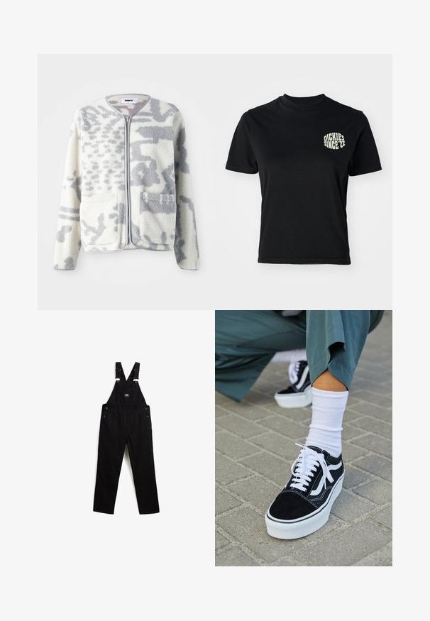 Fleecejakke i crème og grå med lynlås, to forlommer og en blød, struktureret overflade med et subtilt abstrakt mønster.; Sort bomulds t-shirt med rund hals og korte ærmer; har et lys grønt grafik "DICKIES SINCE '22" på venstre brystområde.; Sorte denim overalls med justerbare stropper, metalhardware, forlommer og sidelommer. Glat tekstur og lige ben-design.; Sorte ruskinds sneakers med hvide accenter og snørebånd, der har en tyk hvid sål og kontrasterende syninger, parret med en hvid sok.