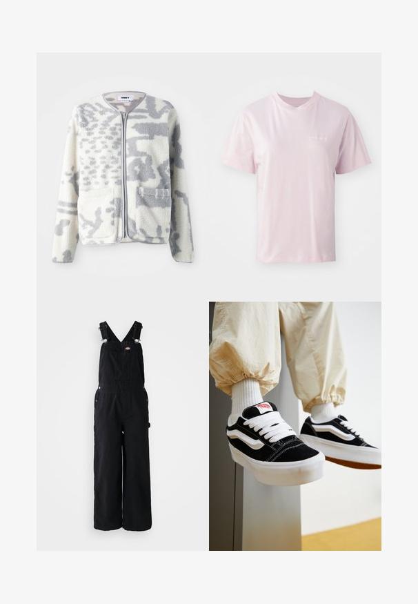 Fleecejacke in Creme und Grau mit einem Reißverschluss, zwei Vorderseiten Taschen und einer weichen, strukturierten Oberfläche mit einem dezenten abstrakten Muster.; Helles rosa Baumwoll-T-Shirt mit rundem Halsausschnitt, kurzen Ärmeln und einem dezenten Logo in Weiß auf der linken Brustseite.; Schwarze Denim-Latzhosen mit weitem Bein, verstellbaren Schulterriemen, Fronttasche und silbernen Hardware-Akzenten. Glatte Textur, minimalistisches Design.; Person, die schwarz-weiße Vans-Sneaker mit weißen Schnürsenkeln, weißen Socken und beigen Hosen mit elastischen Bündchen trägt.