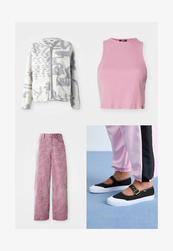 Fleecejakke i crème og grå med lynlås, to forlommer og en blød, struktureret overflade med et subtilt abstrakt mønster.; Rosa ribbet crop top med rund halsudskæring og ærmeløs design. Har en kant, der slutter lige over taljen.; Rosa bredde ben jeans med høj talje, med en falmet, tekstureret finish, knaplukning og sidelommer.; Sorte lærredssko med en hvid sål, der har et udskæringsdesign og et guldspænde. Bæret med lyserøde træningsbukser.