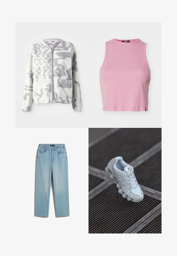 Fleecejakke i crème og grå med lynlås, to forlommer og en blød, struktureret overflade med et subtilt abstrakt mønster.; Rosa ribbet crop top med rund halsudskæring og ærmeløs design. Har en kant, der slutter lige over taljen.; Vans CINCHED CHECK - Baggy jeans - light stonewash; Lyseblå træningssko med en tekstureret overdel, der har en rund sål med cylindriske elementer og et fremtrædende logo på tungen.