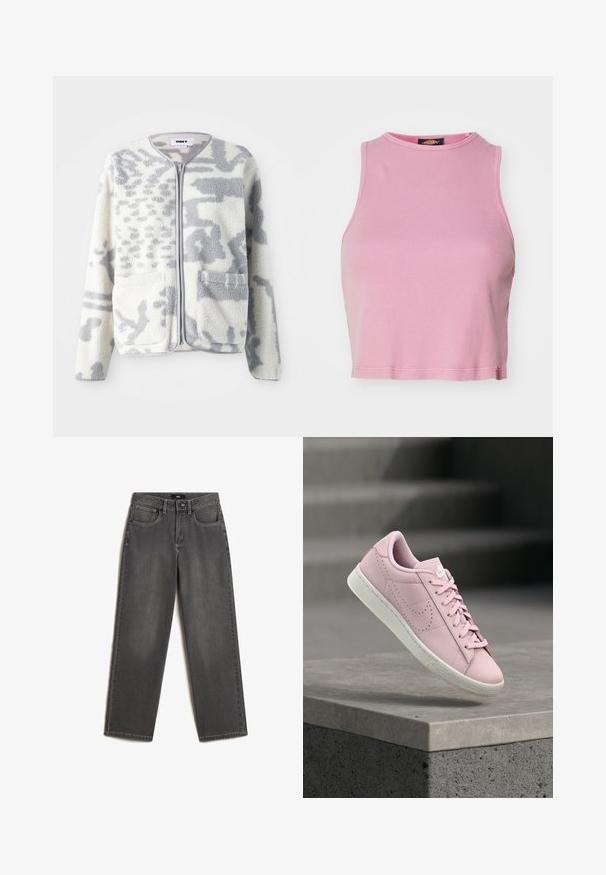 Fleecejakke i crème og grå med lynlås, to forlommer og en blød, struktureret overflade med et subtilt abstrakt mønster.; Rosa ribbet crop top med rund halsudskæring og ærmeløs design. Har en kant, der slutter lige over taljen.; Grå vidde jeans lavet af denim. Har fem lommer, en frontknap og lynlås lukning, samt subtil fading på stoffet.; Lyserød Nike-sneaker med hvid sål, snørebånd bundet, svævende over en betontrappe med sløret mørk baggrund.