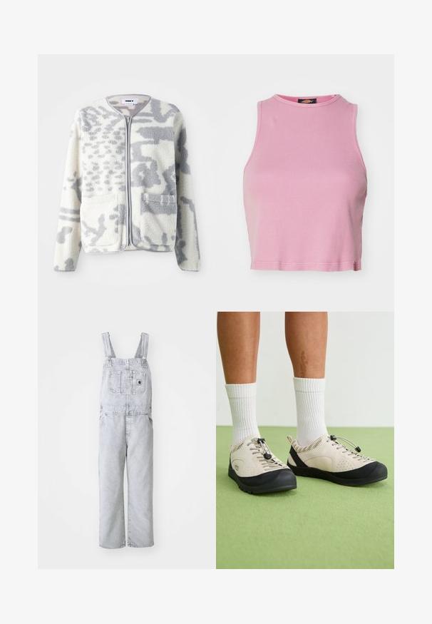 Fleecejakke i crème og grå med lynlås, to forlommer og en blød, struktureret overflade med et subtilt abstrakt mønster.; Rosa ribbet crop top med rund halsudskæring og ærmeløs design. Har en kant, der slutter lige over taljen.; Grå denim-arbejdsbukser med justerbare stroppper, en frontlomme og sidelommer; løs, lige ben-design; falmet vask med minimal tekstur.; Beige sko med sorte accenter, mesh sidedele og et sikkert snørebånd. Tykk gummisål med mønstret slidbane. Båret med hvide sokker.