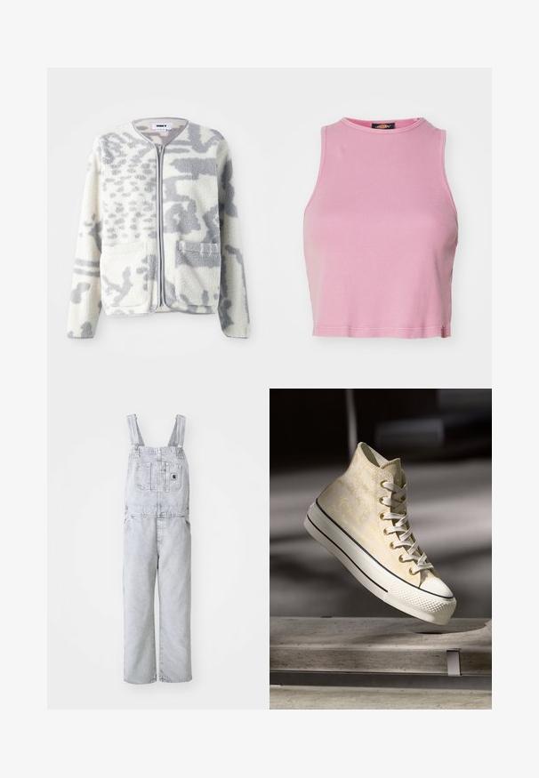 Fleecejakke i crème og grå med lynlås, to forlommer og en blød, struktureret overflade med et subtilt abstrakt mønster.; Rosa ribbet crop top med rund halsudskæring og ærmeløs design. Har en kant, der slutter lige over taljen.; Grå denim-arbejdsbukser med justerbare stroppper, en frontlomme og sidelommer; løs, lige ben-design; falmet vask med minimal tekstur.; Høje sneakers med en struktureret lys gul overdel, hvid gummitå, og kontrasterende sorte striber på den hvide sål. Snørebåndsdesign.
