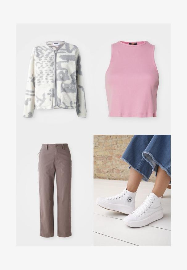 Fleecejakke i crème og grå med lynlås, to forlommer og en blød, struktureret overflade med et subtilt abstrakt mønster.; Rosa ribbet crop top med rund halsudskæring og ærmeløs design. Har en kant, der slutter lige over taljen.; Brune bomulds twill bukser med lige ben, der har en frontknaplukning og sidelommer, glat tekstur og rene linjer.; Person iført hvide høje Converse-sneakers med tykke såler og beskårne blå jeans med flossede kanter mod en murstensvæg og hvidt gulv.