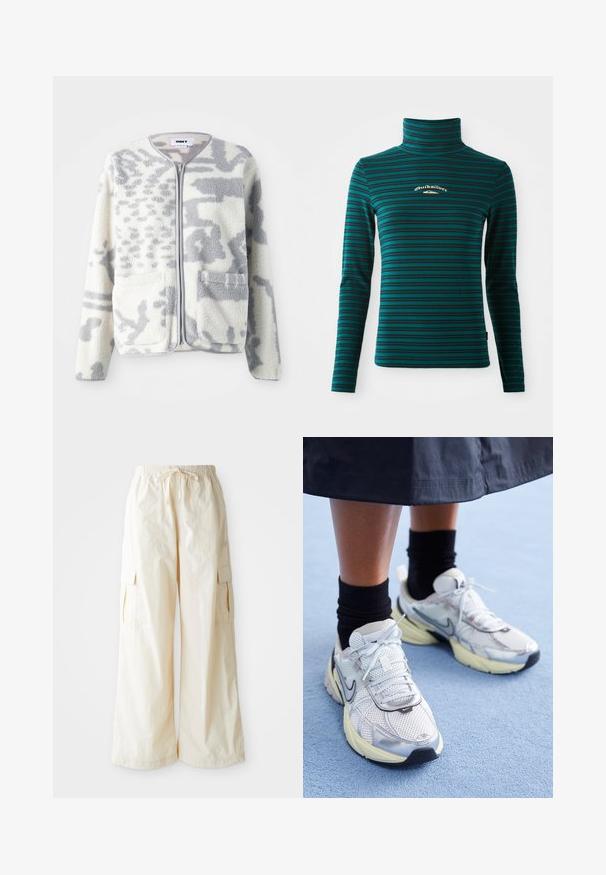 Veste en polaire crème et gris avec fermeture éclair, deux poches avant et une surface douce et texturée arborant un subtil motif abstrait.; Top à manches longues et col roulé en teal avec des rayures horizontales bleu foncé. Présente un petit logo blanc et doré sur la poitrine. Tissu doux et extensible.; Pantalons cargo à jambes larges en tissu beige clair avec une taille élastique, un cordon de serrage et des poches latérales. Texture douce avec un minimum de détails.; Baskets Nike blanches et argentées avec tissu en maille, accents réfléchissants et semelle beige. Portées avec des chaussettes noires, se tenant sur une surface bleue.