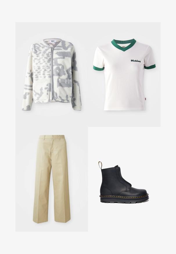 Fleecejakke i crème og grå med lynlås, to forlommer og en blød, struktureret overflade med et subtilt abstrakt mønster.; Hvid kortærmet t-shirt med grøn V-hals og ærmekanter; har "Dickies" logo i mørkegrøn på venstre bryst. Glat bomuldsstruktur.; Beige vide bukser lavet af bomuld med en glat tekstur. Har en lige pasform, bæltestropper og skrå lommer.; Sort læder ankelstøvle med elastiske sidepaneler, rund tå, kontrasterende gul syning og en kraftig gummisål.