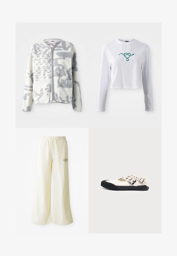 Chaqueta de forro polar en crema y gris con cierre de cremallera, dos bolsillos frontales y una superficie suave y texturizada con un sutil patrón abstracto.; Camiseta recortada de algodón de manga larga blanca, con un gráfico de una serpiente verde entrelazada con un diseño de llave en la parte frontal.; Pantalones de chándal anchos color crema con cintura elástica y cordón ajustable. Texto bordado en verde "Athletic" en la parte frontal. Tejido suave.; Zapato plano de lona blanca con puntera y suela de goma negra, con dos correas ajustables con hebilla en la parte superior.