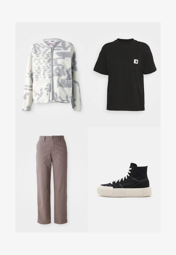 Chaqueta de forro polar en crema y gris con cierre de cremallera, dos bolsillos frontales y una superficie suave y texturizada con un sutil patrón abstracto.; Camiseta de algodón negra de manga corta, con escote redondo y un bolsillo frontal que presenta un logo cuadrado en blanco y negro.; Pantalones de algodón de sarga marrón con corte recto, con cierre de botón frontal y bolsillos laterales, textura suave y líneas limpias.; Zapatilla alta de lona negra con cordones blancos, suela gruesa color crema, costuras en contraste y un diseño de punta redondeada.
