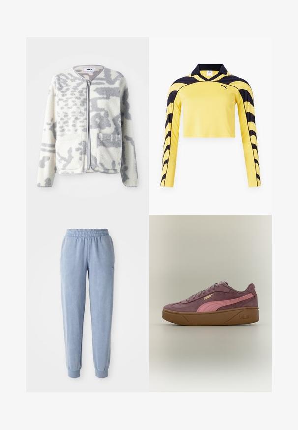 Fleecejacke in Creme und Grau mit einem Reißverschluss, zwei Vorderseiten Taschen und einer weichen, strukturierten Oberfläche mit einem dezenten abstrakten Muster.; Gelbes, kurz geschnittenes Langarm-Jersey mit schwarzen Akzenten, einem Polokragen und einer strukturierten Oberfläche mit einem dynamischen Streifenmuster. Puma-Logo enthalten.; Blaue Jogginghose aus weichem Stoff mit elastischem Bund und Bündchen; verfügt über eine dezente Textur und ein kleines Logo auf einer Seite.; Lila Wildleder-Puma-Sneaker mit pinkem Streifen, dicker brauner Sohle und goldenem Puma-Logo an der Seite, dargestellt auf neutralem Hintergrund.