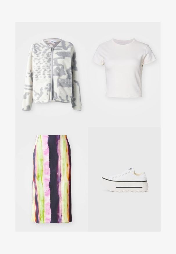 Kreemjas ja hallis fliiskrae, millel on tõmblukk, kaks eesmist taskut ja pehme, tekstuuriga pind, millel on peene abstraktne muster.; Denim Project DPMDPWRIBBED CROPPED T-SHIRT - Lihtne T-särk - jet stream; Värvikas keskmise pikkusega seelik, millel on vertikaalsed triibud roosa, rohelise, kollase ja lilla värviga. Valmistatud siledast kangast, millel on kerge läige.; Valge kangast platvormi tossud musta kummitaldaga, ümmarguse varbaga ja metallist silmadega, mis omavad lihtsat ja puhta disaini.