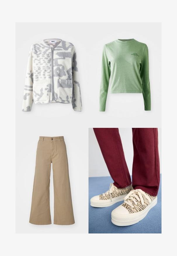 Fleecejacke in Creme und Grau mit einem Reißverschluss, zwei Vorderseiten Taschen und einer weichen, strukturierten Oberfläche mit einem dezenten abstrakten Muster.; Hellgrünes Langarm-T-Shirt aus weicher Baumwolle, mit Rundhalsausschnitt und einem kleinen gedruckten Logo auf der oberen linken Seite.; Khakifarbene weite Baumwollhosen mit einem Vorderknopfverschluss, Gürtelschlaufen und einer glatten, matten Oberfläche.; Leinenschuhe mit beigem und schwarzem Zebramuster, weißer Gummikappe und Schnürsenkeln, kombiniert mit burgunderfarbenen Hosen auf einer blauen Oberfläche.