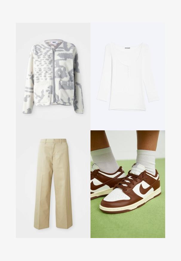 Chaqueta de forro polar en crema y gris con cierre de cremallera, dos bolsillos frontales y una superficie suave y texturizada con un sutil patrón abstracto.; Camiseta blanca de manga larga con escote redondeado y una corta solapa de botones en el pecho, mostrada sobre un fondo liso y claro.; Pantalones anchos de color beige fabricados en algodón con una textura suave. Presentan un corte recto, trabillas para cinturón y bolsillos delanteros.; Zapatillas de cuero marrón y blanco con puntera perforada, acentos texturizados y cordones planos. El modelo presenta un diseño de tobillo bajo y suela de goma.
