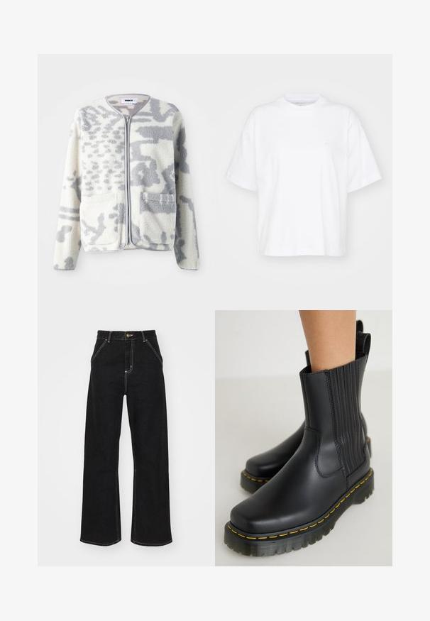 Fleecejacke in Creme und Grau mit einem Reißverschluss, zwei Vorderseiten Taschen und einer weichen, strukturierten Oberfläche mit einem dezenten abstrakten Muster.; Weißes Baumwoll-T-Shirt mit Rundhalsausschnitt, kurzen Ärmeln und lockerer Passform. Verfügt über ein dezentes Logo auf der linken Brustseite. Glatte Textur.; Schwarze Jeans mit weitem Bein aus Denim. Verfügt über kontrastierende weiße Nähte, Vordertaschen und einen Knopfverschluss in der Taille.; Schwarze Knöchelstiefel mit einer glatten, matten Oberfläche. Verfügt über vertikale Nähte, eine klobige Sohle mit gelben Nähten und einer Zuglasche auf der Rückseite.