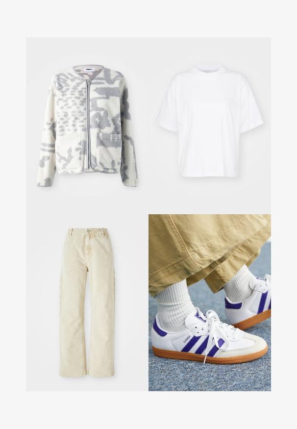 Fleecejacke in Creme und Grau mit einem Reißverschluss, zwei Vorderseiten Taschen und einer weichen, strukturierten Oberfläche mit einem dezenten abstrakten Muster.; Weißes Baumwoll-T-Shirt mit Rundhalsausschnitt, kurzen Ärmeln und lockerer Passform. Verfügt über ein dezentes Logo auf der linken Brustseite. Glatte Textur.; Beige weite Denim-Hosen mit hoher Taille, ausgestattet mit einem vorderen Knopf- und Reißverschluss, Gürtel-Schlaufen und Seitentaschen. Weiche Textur.; Weiße Sneakers mit lila Streifen und Akzenten, ausgestattet mit einer strukturierten Gummisohle und einem Schnürdesign, getragen mit weißen gerippten Socken.