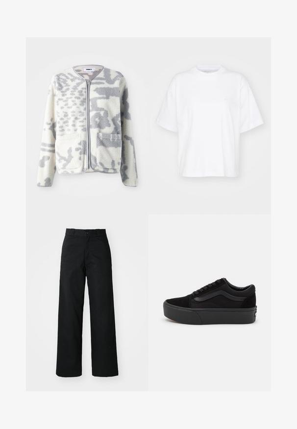 Fleecejacke in Creme und Grau mit einem Reißverschluss, zwei Vorderseiten Taschen und einer weichen, strukturierten Oberfläche mit einem dezenten abstrakten Muster.; Weißes Baumwoll-T-Shirt mit Rundhalsausschnitt, kurzen Ärmeln und lockerer Passform. Verfügt über ein dezentes Logo auf der linken Brustseite. Glatte Textur.; Schwarze weit geschnittene Hose mit flachem Vorderteil, Knopfverschluss und Gürtelschlaufen. Hergestellt aus strapazierfähigem Stoff mit glatter Textur.; Schwarze Sneaker aus Wildleder und Canvas, mit einer runden Zehenpartie, flachem Schnürdesign und einer dicken Gummisohle mit subtiler Markenkennzeichnung.
