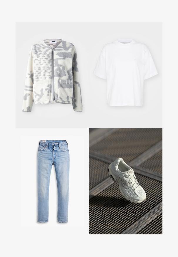 Fleecejacke in Creme und Grau mit einem Reißverschluss, zwei Vorderseiten Taschen und einer weichen, strukturierten Oberfläche mit einem dezenten abstrakten Muster.; Weißes Baumwoll-T-Shirt mit Rundhalsausschnitt, kurzen Ärmeln und lockerer Passform. Verfügt über ein dezentes Logo auf der linken Brustseite. Glatte Textur.; Helles blaues Jeans mit geradem Schnitt, zwei vorderen Taschen und einem Knopfverschluss. Mit einer verwaschenen Textur und leichtem Verblassen in der Nähe der Knie.; Weiße Nike-Laufschuhe mit Mesh- und synthetischem Obermaterial, die auf einem Metallgittersockel im sanften natürlichen Licht liegen.