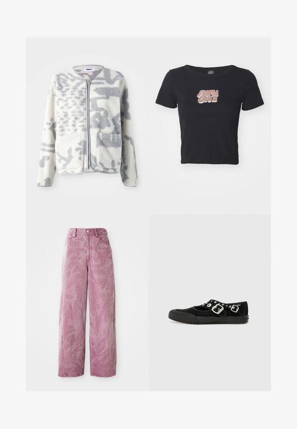 Fleecejakke i crème og grå med lynlås, to forlommer og en blød, struktureret overflade med et subtilt abstrakt mønster.; Sort cropped t-shirt lavet af bomuld, med et farverigt "SANTA CRUZ" grafik på forsiden. Korte ærmer og rund halsudskæring.; Rosa bredde ben jeans med høj talje, med en falmet, tekstureret finish, knaplukning og sidelommer.; Vans MARY JANE - Ballerinasko - black