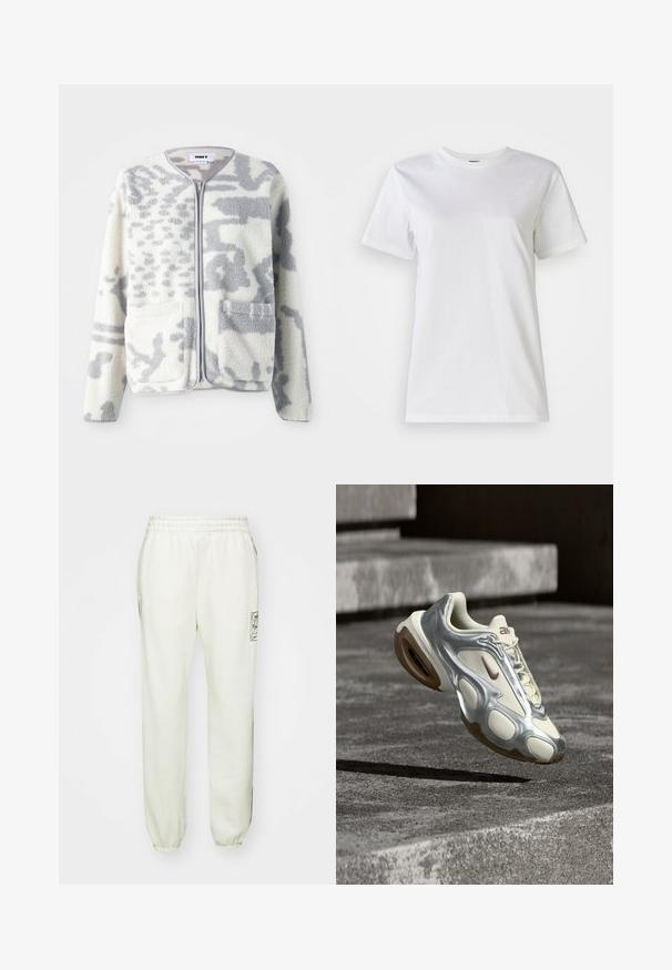 Fleecejacke in Creme und Grau mit einem Reißverschluss, zwei Vorderseiten Taschen und einer weichen, strukturierten Oberfläche mit einem dezenten abstrakten Muster.; Weißes Baumwoll-T-Shirt mit Rundhalsausschnitt und kurzen Ärmeln. Der Stoff ist glatt mit einer softigen Textur und ohne sichtbare Muster oder Akzente.; Helle beige Jogginghose mit elastischem Bund, seitlichen Taschen und gerippten Säumen. Verfügt über ein grafisches Logo am linken Oberschenkel.; Cremefarbener und metallisch silberner Sportschuh schwebt über Betontreppen, ausgestattet mit braunen Gummisohlen und Nike-Logo.