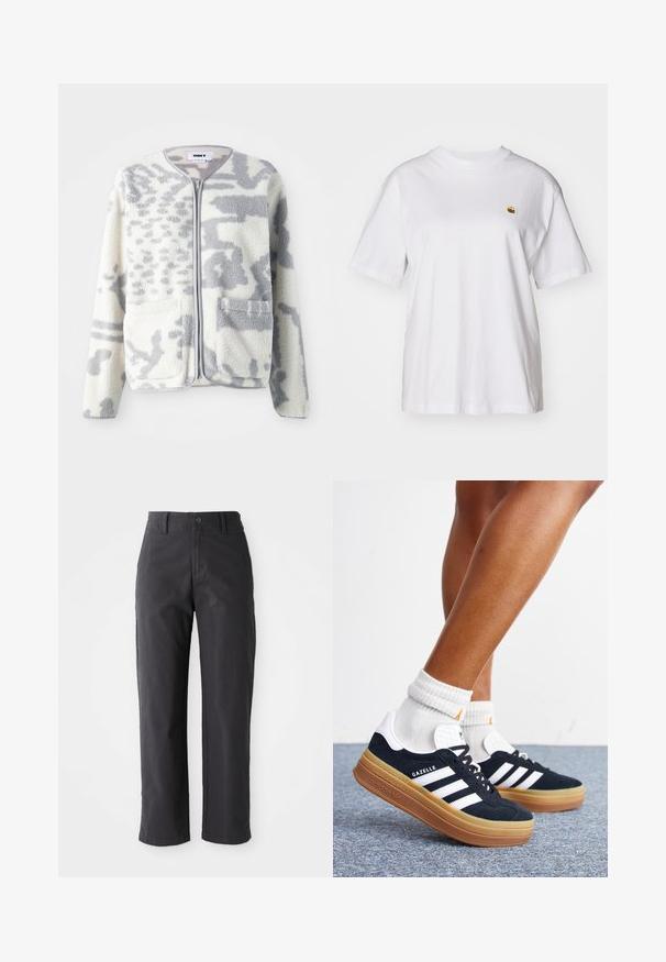 Chaqueta de forro polar en crema y gris con cierre de cremallera, dos bolsillos frontales y una superficie suave y texturizada con un sutil patrón abstracto.; Camisa de algodón blanca con corte relajado, mangas cortas y un pequeño logotipo bordado en el área del pecho izquierdo.; Pantalones de algodón gris oscuro con un diseño de pierna recta, que cuentan con un cierre de botón y bolsillos estándar. Textura suave y detalles mínimos.; Piernas con calcetines blancos y zapatillas Adidas Gazelle negras con rayas blancas y suelas marrones gruesas sobre un suelo alfombrado gris.