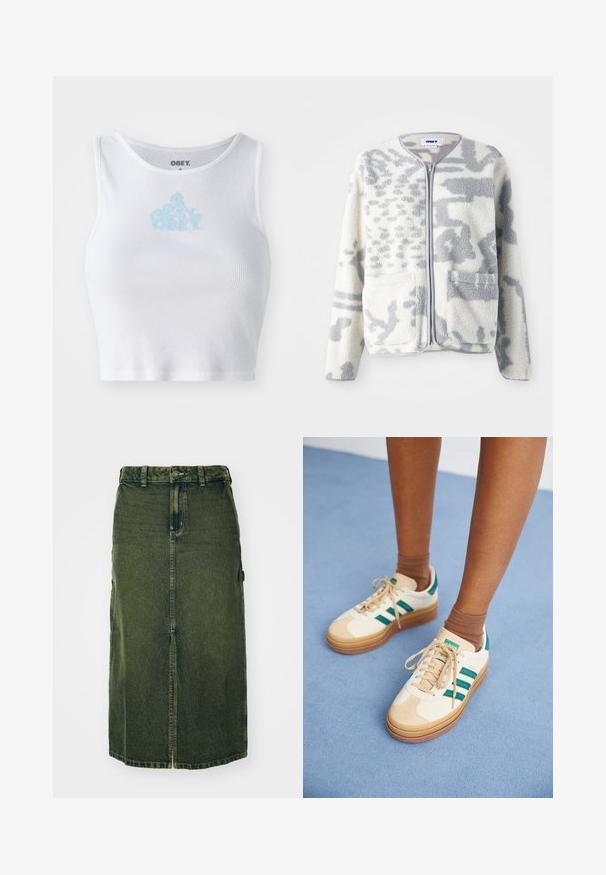 Veste en polaire crème et gris avec fermeture éclair, deux poches avant et une surface douce et texturée arborant un subtil motif abstrait.; Crop top blanc à côtes avec un col rond et un logo "OBEY" bleu clair centré sur la poitrine. Texture lisse et design ajusté.; Jupe en denim vert avec une coupe mi-longue, fente à l'avant, fermeture à boutons et passants de ceinture. Sa texture est légèrement délavée, avec des poches latérales.; Baskets beiges avec des rayures vert foncé, semelle en caoutchouc, tige en daim et textile, et accessoires neutres, associées à des chaussettes brunes sur une surface bleu clair.