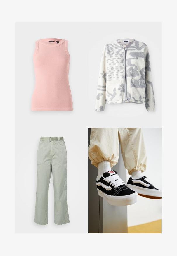 Veste en polaire crème et gris avec fermeture éclair, deux poches avant et une surface douce et texturée arborant un subtil motif abstrait.; Débardeur en tricot léger rose clair sans manches avec un motif texturé, encolure ronde et bords côtelés. Design simple et ajusté.; Pantalons larges en coton vert clair avec une taille ceinturée, des poches latérales et des coutures décoratives le long des coutures et de l'ourlet.; Personne portant des baskets Vans noires et blanches avec des lacets blancs, des chaussettes blanches et un pantalon beige avec des poignets élastiques.