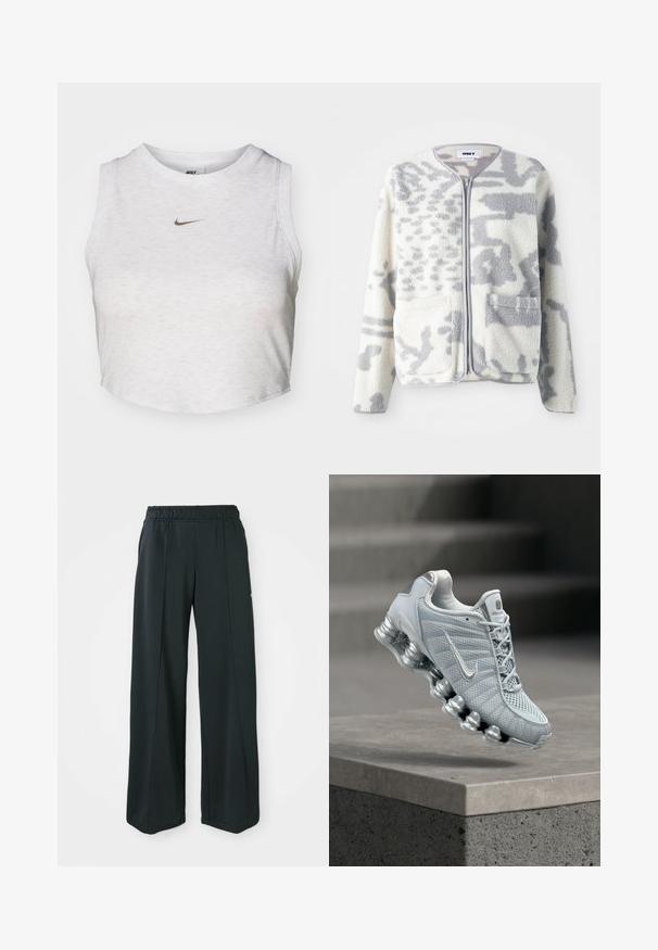 Fleecová bunda v krémovej a šedej farbe so zipsom, dvoma prednými vreckami a jemným textúrovaným povrchom s nenápadným abstraktným vzorom.; Biely crop top vyrobený z jemnej, textúrovanej látky. Má okrúhly výstrih a bezrukávový dizajn so malým zlatým logom Nike na prednej strane.; Čierne, široké športové nohavice s elastickým pásom. Vyrobené z hladkej, pružnej tkaniny, s jemnými prednými švami a bez vreciek.; Svetlosivá bežecká topánka Nike s odpruženou pružinovou podrážkou vznášajúca sa nad betónovým okrajom, rozmazané pozadie schodiska.