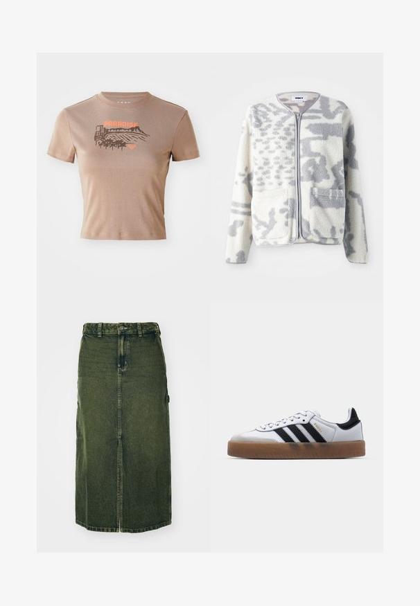 Fleecejacke in Creme und Grau mit einem Reißverschluss, zwei Vorderseiten Taschen und einer weichen, strukturierten Oberfläche mit einem dezenten abstrakten Muster.; Braunes Baumwoll-T-Shirt, kurze Ärmel, Rundhals. Auf der Vorderseite ist ein "PARADISE"-Grafik in Orange mit Landschafts- und Palmen-Design.; Grünes Denim-Kleid mit mittellangem Schnitt, vorderem Schlitz, Knopfschluss und Gürtelschlaufen. Die Textur ist leicht verblasst, mit Seitentaschen.; Weiße Leder Sneakers mit schwarzen Streifen, Gummigummi-Außensohle, runder Zehenform, Schnürverschluss und weichem grauem Wildleder-Zehenkappe.