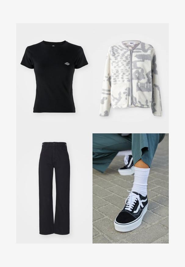 Fleece jacket in crème en grijs met een ritssluiting, twee voorkeurszakken en een zachte, gestructureerde oppervlakte met een subtiel abstract patroon.; Zwarte geribde T-shirt met een ronde halslijn en korte mouwen, voorzien van een klein geborduurd logo op de linker borstpartij.; Zwarte hoge taille wijdlopende jeans met een sluiting aan de voorkant met knoop en rits, ceintuurlussen en twee voorzakken op een witte achtergrond.; Zwarte suède sneaker met witte accenten en veters, uitgerust met een dikke witte zool en contrasterende stiksels, gecombineerd met een witte sok.