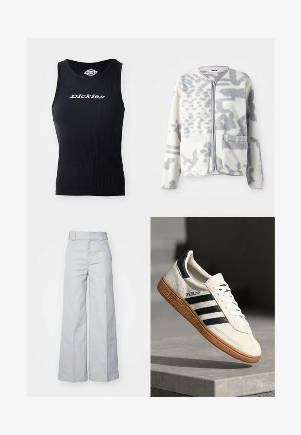 Veste en polaire crème et gris avec fermeture éclair, deux poches avant et une surface douce et texturée arborant un subtil motif abstrait.; Top en ribbed noir avec un col arrondi et le logo "Dickies" imprimé en blanc sur la poitrine.; Pantalons large gris clair en mélange de coton, dotés d'une taille haute, d'une ceinture structurée et de coutures visibles.; Baskets en daim blanc avec des bandes navy, semelle en caoutchouc gomme, tige texturée, bout rond et lacets ; arbore un logo sur le côté et sur la languette.