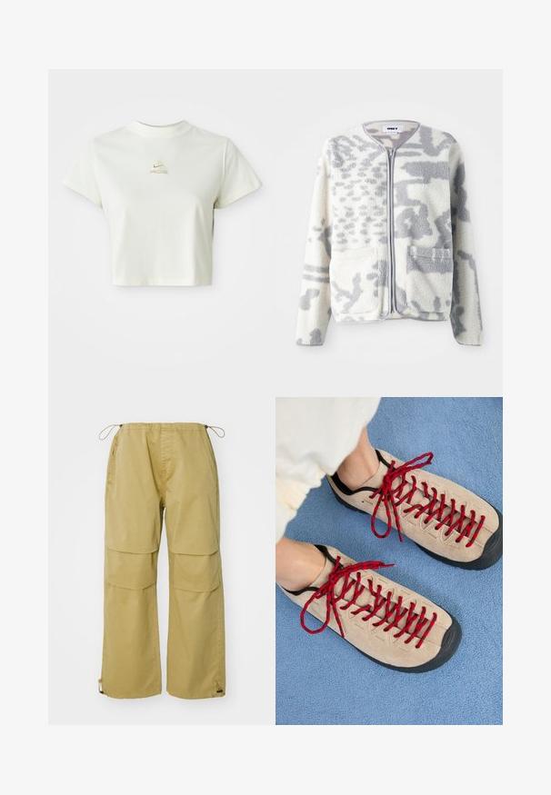 Kreemjas ja hallis fliiskrae, millel on tõmblukk, kaks eesmist taskut ja pehme, tekstuuriga pind, millel on peene abstraktne muster.; Lühike valge lühike t-särk, millel on väike beez Nike ACG logo keskelt kaeluse all.; Khaki värvi cargo püksid, laiad jalad, elastne vöökoht, eespool taskud ja reguleeritavad stringiga mansetid. Valmistatud kerge kangaga.; Beezhikirid punased nööridega, paigutatud sinisele tekstureeritud pinnale, osaliselt paljastavad inimese pahkluu. Kingad on sportliku disainiga.