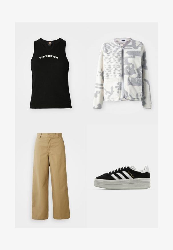 Chaqueta de forro polar en crema y gris con cierre de cremallera, dos bolsillos frontales y una superficie suave y texturizada con un sutil patrón abstracto.; Top sin mangas negro con textura acanalada, con un logotipo blanco curvado de "DICKIES" en el pecho y un diseño de escote en V.; Pantalones de pierna ancha beige, confeccionados en una mezcla de algodón, con cierre de botón, trabillas para cinturón y bolsillos delanteros.; Zapatillas negras de ante con detalles en cuero blanco, tres rayas blancas, cordones planos y una gruesa suela de plataforma gris. Marca "Gazelle" en dorado.