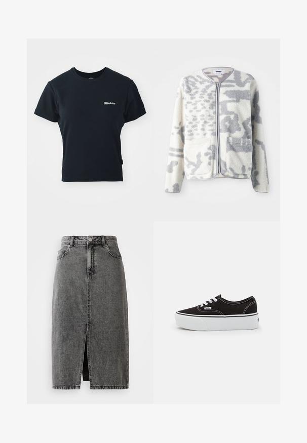 Fleecejacke in Creme und Grau mit einem Reißverschluss, zwei Vorderseiten Taschen und einer weichen, strukturierten Oberfläche mit einem dezenten abstrakten Muster.; Schwarzes Baumwoll-T-Shirt mit kurzen Ärmeln, Rundhalsausschnitt und kleinem weißen gesticktem Logo auf der Brust. Klassisches, tailliertes Design.; Hochgeschnittene, ausgebleichte schwarze Denim-Midirock mit vorderem Schlitz, Gürtelschlaufen und klassischem Fünf-Taschen-Design.; Schwarze Leinensneaker mit einer weißen Gummiplattformsohle, weißen Schnürsenkeln und Nähten, ikonischer Markenaufdruck an der Seite, im Low-Top-Design.