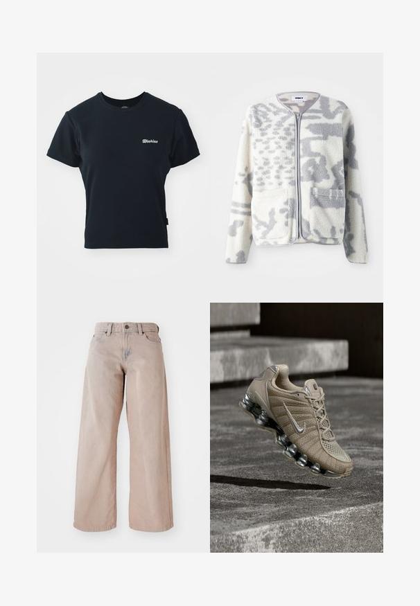 Fleecejacke in Creme und Grau mit einem Reißverschluss, zwei Vorderseiten Taschen und einer weichen, strukturierten Oberfläche mit einem dezenten abstrakten Muster.; Schwarzes Baumwoll-T-Shirt mit kurzen Ärmeln, Rundhalsausschnitt und kleinem weißen gesticktem Logo auf der Brust. Klassisches, tailliertes Design.; Beige weit geschnittene Jeans mit hohem Bund, Fünf-Taschen-Design und Knopfverschluss. Der Stoff hat eine weiche Textur und eine leichte Ausbleichung an der Vorderseite.; Beigefarbener Nike Laufschuh mit silbernen Akzenten und federnder Sohle schwebt über Betontreppen bei gedämpftem Licht.