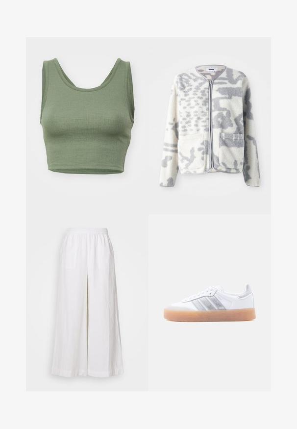 Veste en polaire crème et gris avec fermeture éclair, deux poches avant et une surface douce et texturée arborant un subtil motif abstrait.; Top tank court vert olive en tissu côtelé, avec un décolleté arrondi et de larges bretelles.; Pantalons larges en lin blanc avec une taille élastique, dotés de deux poches avant et d'un tissu léger et texturé.; Baskets basses blanches avec semelle gomme, accents argentés rayés sur le côté, et fermeture à lacets, présentées sur un fond clair uni.