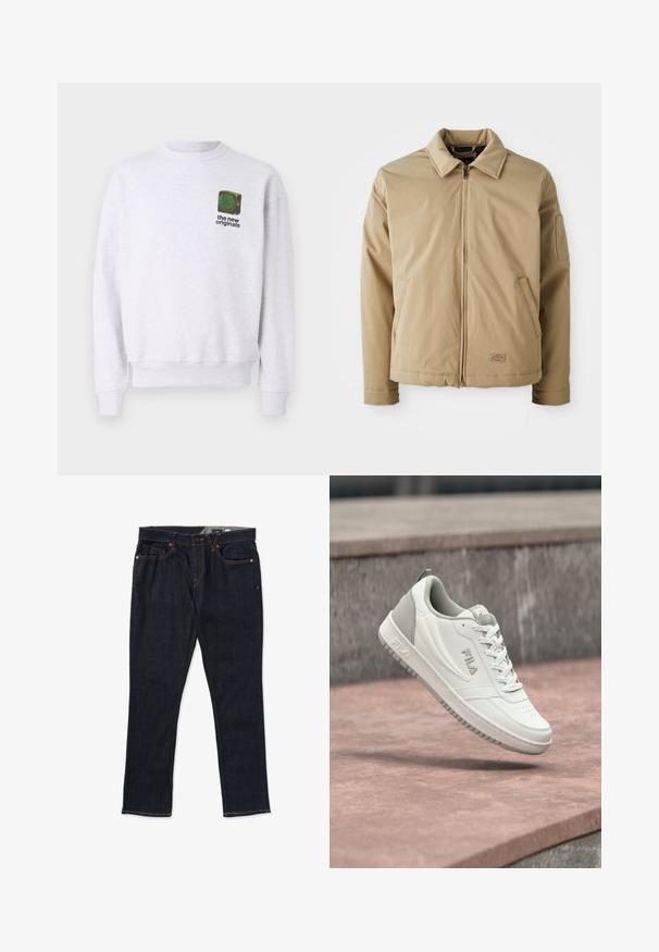 Beige zip-up takki, jossa on terävä kaulus, kaksi etutaskua ja pieni logo-ommel helman lähellä, esillä valkoista taustaa vasten.; Harmaa huppari, joka on valmistettu pehmeästä kankaasta. Siinä on pyöreä kaula-aukko, resorit hihoissa ja pieni vihreä-mustalla graafinen logo rinnassa.; Tummansiniset farkut, joissa on suora lahje, oranssit tikkaukset, viisi-taskuinen muotoilu sekä klassinen nappi- ja vetoketjukiinnitys.; Valkoinen ja harmaa FILA-tossu nauhoilla, ilmassa vaaleanpunaisen betonipinnan yläpuolella, harmaa kiviseinä taustalla.