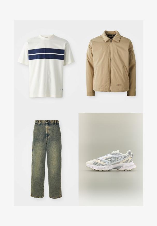 Veste beige zippée avec un col pointu, deux poches avant et un petit logo près de l'ourlet, présentée sur un fond blanc.; T-shirt en coton blanc avec un design de rayures horizontales bleu marine et une rayure blanche plus étroite en dessous, manches courtes et col rond.; Jeans en denim ample avec un délavage bleu et vert. Comprend une fermeture à bouton, des passants de ceinture et des poches latérales. Pas de pli à l'avant et design à jambe droite.; Chaussure de sport blanche avec des panneaux en mesh gris, des superpositions texturées, un col rembourré et une semelle en caoutchouc dotée de petites pointes de traction.
