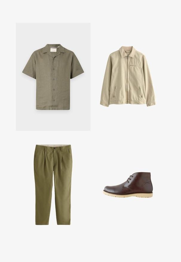 Beige katoenen jas met een kraag, voorrits en twee zijzakken met ritssluiting. Voorzien van een kleine borstzak met ritssluiting. Soepele textuur.; Korte mouw shirt in olijfgroen linnen met een camp collar en zes bijpassende knopen aan de voorkant, met een relaxte pasvorm en gestructureerde stof.; Olijfgroene herenchino's met voorplooien, steekzakken, een knoopsluiting en riemlussen.; Bruine leren enkellaarzen met een gladde afwerking, voorzien van twee oogjes voor veters, een ronde neus en lichte rubberen zolen met gripgroeven.