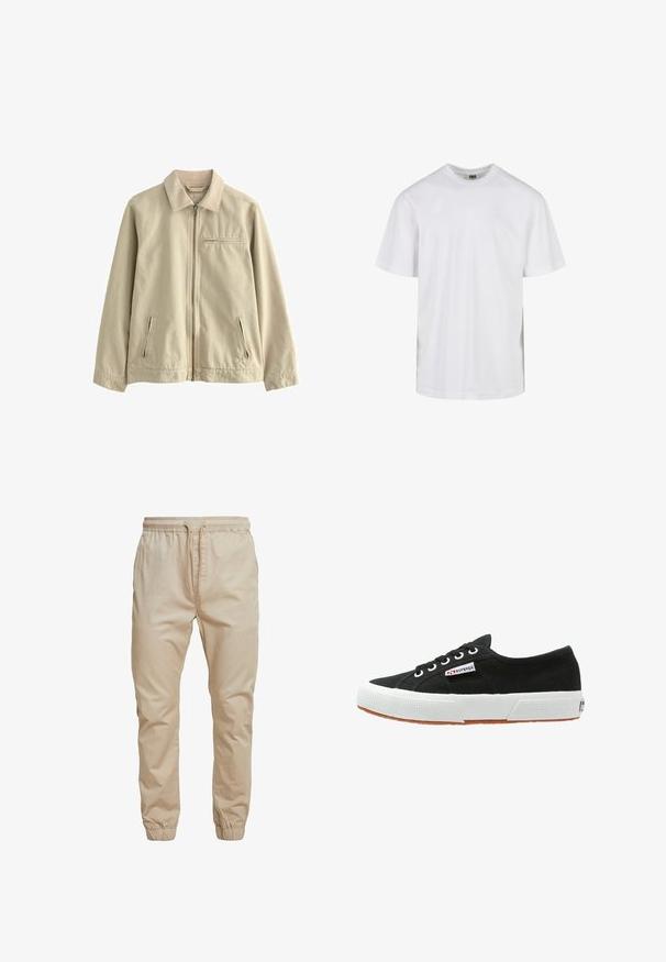 Beige bomuldsjakke med krave, frontlynlås og to sidelommer med lynlås. Har en lille brystlomme med lynlås. Glat tekstur.; Plain hvid T-shirt med korte ærmer og rund hals med løs pasform, vist mod en hvid baggrund.; Beige elastiske bukser med drawstring, forlommer og elastiske manchetter, lige pasform, casual stil.; Sort lærredssneaker med hvid gummisål og brunt gummiydersål. Har rund tå, snørebåndsdesign og lille logoetiket på siden.