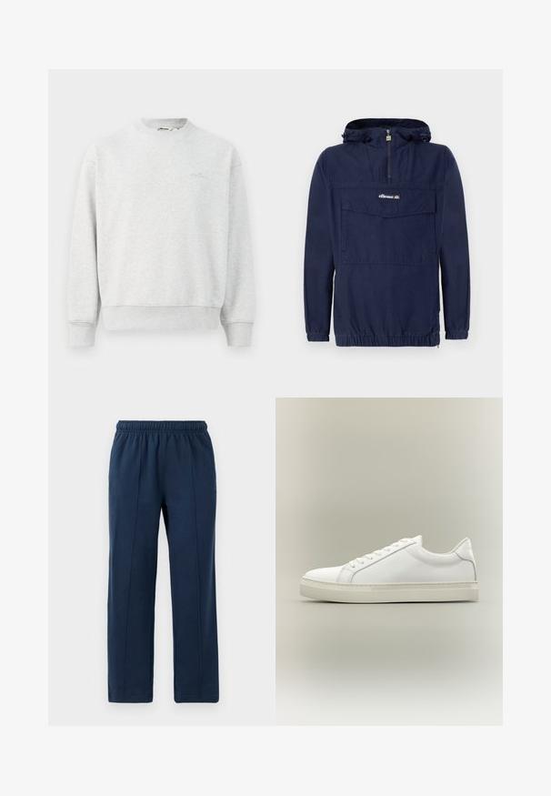 Marineblå pullover-jakke lavet af letvægtsstof, med en kvart lynlås, justerbar hætte og en frontlomme med klap.; Grå sweatshirts med rund hals, ribbede ærmer og bund. Lavet af et blødt stof, med et lille logo på brystet.; Marineblå bukser med elastisk talje og afslappet pasform. Har vertikale syninger og blød bomuldsstruktur.; Hvid lavtop sneaker med snørebånd foran og tyk sål, vist fra siden mod en neutral baggrund.