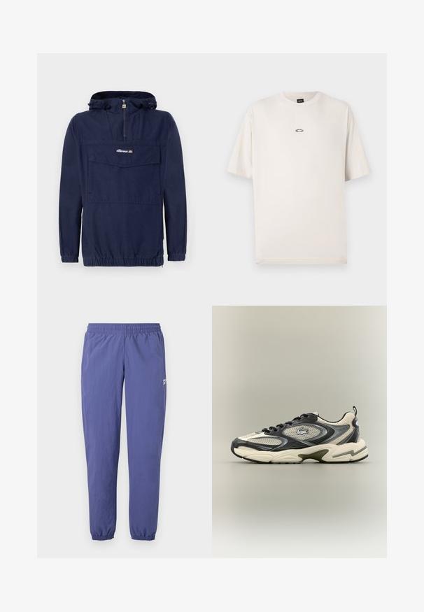 Chaqueta de pullover azul marino hecha de tela ligera, con media cremallera, capucha ajustable y un bolsillo frontal con solapa.; Oakley RISE TEE - Camiseta básica - mist; Pantalones de chándal morados con cintura elástica, piernas estrechas, puños elásticos y un bolsillo lateral que presenta un pequeño detalle de logo.; Zapatilla deportiva en negro y crema con parte superior de malla, suela de goma y un destacado detalle de logo. Punta redondeada con acentos texturizados.