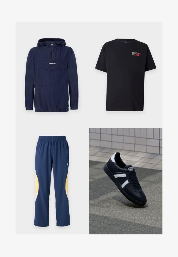 Chaqueta de pullover azul marino hecha de tela ligera, con media cremallera, capucha ajustable y un bolsillo frontal con solapa.; Camiseta de algodón negra con cuello redondo. Presenta un pequeño logo y texto en rojo y blanco de "New Balance" en la parte superior izquierda del pecho.; Pantalones deportivos azul marino con una cinturilla elástica. Presentan acentos curvados en amarillo y blanco a los lados. Tejido suave y liso.; Zapatilla de cuero negra con rayas blancas, suela de goma texturizada y parte frontal con cordones. Cuenta con una etiqueta de marca en la lengüeta.