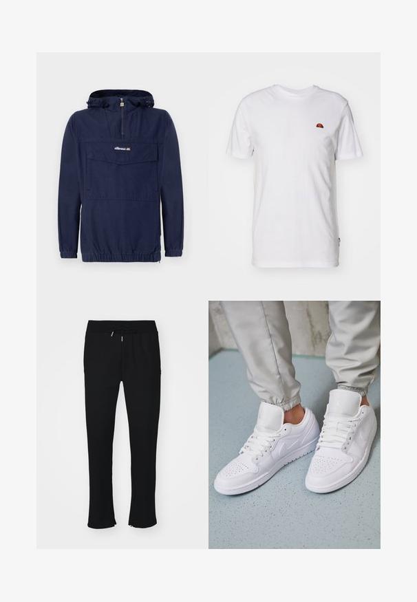 Navyblaues Pullover-Jacket aus leichtem Material, mit einem Viertel-Reißverschluss, verstellbare Kapuze und einer Fronttasche mit Klappe.; Schlichtes weißes kurzärmeliges T-Shirt mit kleinem rot-orangefarbenem Halbkreis-Logo im oberen linken Brustbereich.; Schwarze Jogginghose aus weichem Stoff, mit elastischem Taillenbund und Kordelzug, Schlitz am Saum und subtiler Mustergestaltung.; Weiße Ledersneaker mit perforierter Zehenbox, flachen Schnürsenkeln, gepolstertem Kragen und dem Jordan-Logo auf der Zunge. Getragen mit grauen Jogginghosen.