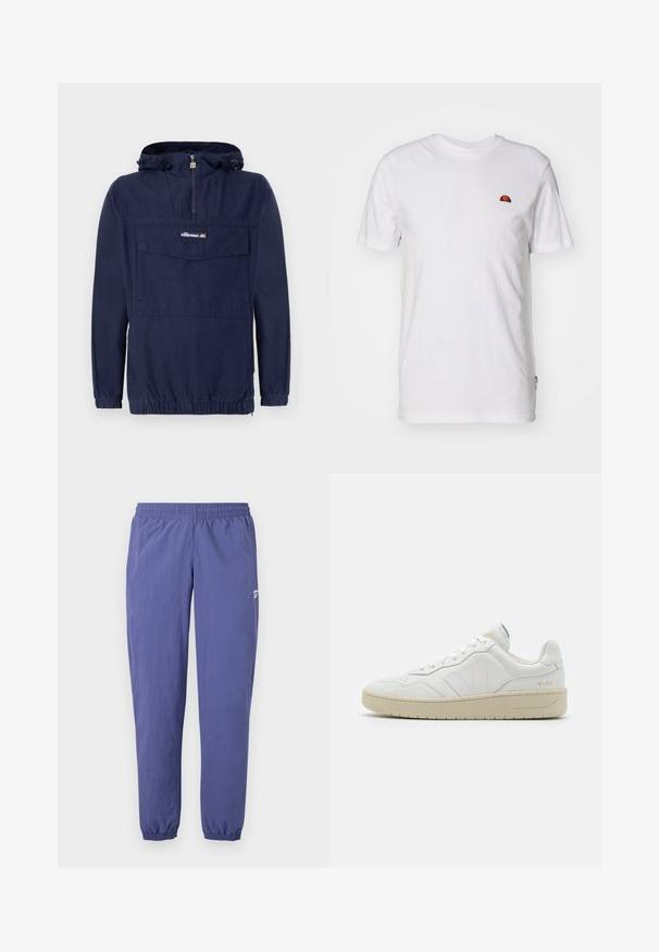 Marineblå pullover-jakke lavet af letvægtsstof, med en kvart lynlås, justerbar hætte og en frontlomme med klap.; Enkelt hvid t-shirt med korte ærmer med et lille rødt og orange halvcirkel-logo på øverste venstre brystområde.; Lilla vindjakke bukser med elastisk talje, tætsiddende ben, elastiske manchetter og en sidelomme med et lille logo-detalje.; Hvide lædersneakers med struktureret overflade og polstret krave. Har en beige gummisål og diskret branding på hælen og siden.