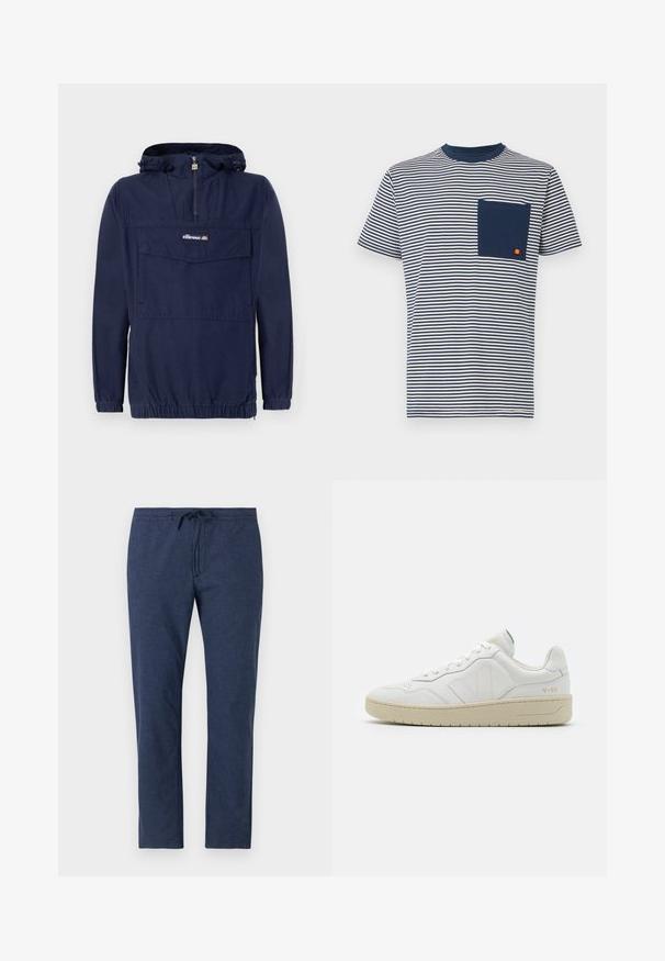 Tumedat sinised kerged tõmblukkidega ülerõivad, millel on neljandik tõmblukk, reguleeritav kapuuts ja esiküljel klapiga tasku.; Ellesse HIRST TEE - Trükipildiga T-särk - navy; Tumedate sinised püksid, mis on valmistatud kergest kangast, omavad elastset vöökohta koos paelaga ja sirge sääre disaini.; Valged nahast spordijalatsid tekstuurse viimistlusega ja pehmendatud kaelusega. Omab beeži kummist tallat ja diskreetset brändingut kandade ja külgede peal.