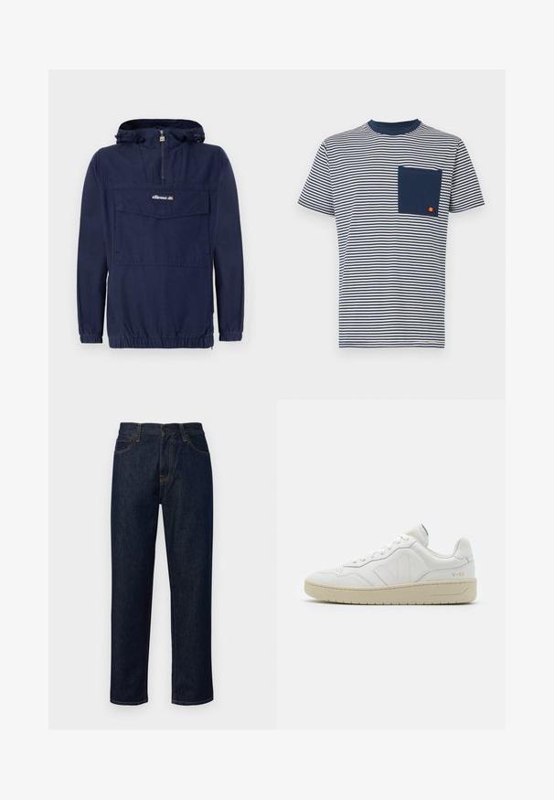 Marineblauwe pullover jack gemaakt van lichtgewicht stof, met een kwart ritssluiting, verstelbare capuchon en een voorkeurszak met klep.; Ellesse HIRST TEE - T-shirt print - navy; Donkerblauwe spijkerbroek van denim, met rechte pijpen, een medium hoge taille, oranje stiksels en een klassiek vijf-pocket ontwerp.; Witte leren sneakers met een gestructureerde afwerking en een gevoerde kraag. Voorzien van een beige rubberen zool en subtiele branding op de hiel en zijkant.