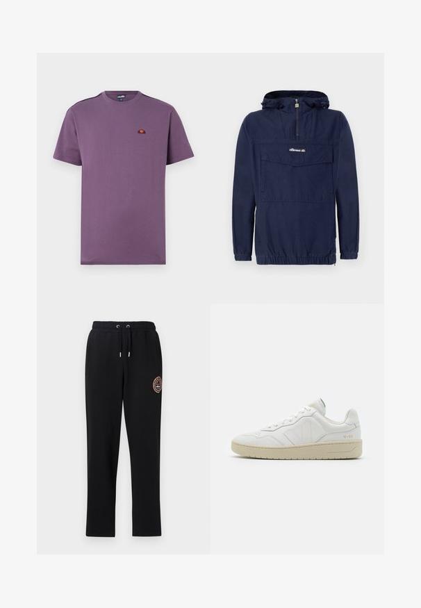 Marineblauwe pullover jack gemaakt van lichtgewicht stof, met een kwart ritssluiting, verstelbare capuchon en een voorkeurszak met klep.; Paarse katoenen T-shirt met een ronde hals en korte mouwen. Heeft een klein geborduurd logo op de borst en een solide textuur.; Zwarte joggingsbroek met een tailleband met trekkoord, twee zijzakken en een geborduurd logo detail op de linker bovenbeen. Zacht, rekbaar materiaal.; Witte leren sneakers met een gestructureerde afwerking en een gevoerde kraag. Voorzien van een beige rubberen zool en subtiele branding op de hiel en zijkant.