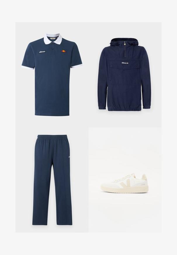 Veste à col roulé bleu marine en tissu léger, dotée d'une fermeture éclair quart, d'une capuche ajustable et d'une poche frontale avec rabat.; Polo bleu marine avec col blanc et bordures aux manches, patte à deux boutons, logo Ellesse et emblème orange-rouge sur la poitrine.; Pantalon de survêtement bleu marine à jambe droite avec taille élastique et coutures verticales subtiles, petit logo blanc sur la cuisse supérieure.; Sneaker blanche avec des accents beiges, présentant un dessus texturé, un bout rond et une semelle en caoutchouc épaisse. Le design inclut le logo V iconique et le branding.