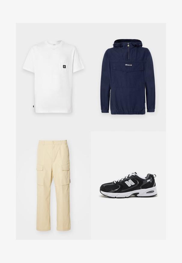 Marineblå pullover-jakke lavet af letvægtsstof, med en kvart lynlås, justerbar hætte og en frontlomme med klap.; Hvid bomulds T-shirt med rund halsudskæring, korte ærmer og en brystlomme med en sort logopatch. Glat tekstur, løs pasform.; Beige cargo bukser lavet af stof med elastisk talje og knaplukning. Har to sidelommer og et enkelt design.; Sorte og grå sportssko med mesh og ruskind på overdelen, der har en hvid mellemsål, snørebånd og et iøjnefaldende "N" logo på siden.